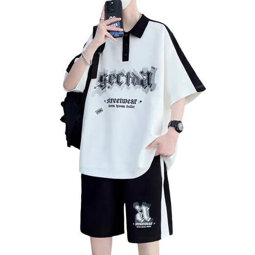 歌古森夏季薄短袖t恤男孩12-16岁青少年初中学生帅气大童潮流休闲套装潮 6629黑色（短袖+短裤） XL 130-145斤左右