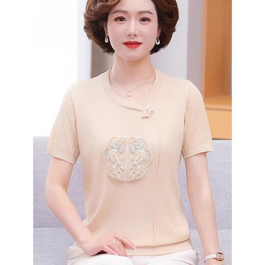 Xiangge old lady summer dress grandma short-sleeved ice silk middle-aged and elderly women's new Chinese knitted shirt fashionable T-shirt mother summer 9923 light powder M Recommended 85-100 Jin [Jin equals 0.5 kg]