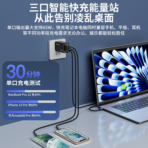 Hichain Hechang 65W gallium nitride charger set pd45W multi-port fast charging head Type-C suitable for Apple 17 Huawei Xiaomi mobile phone tablet MacbookPro laptop