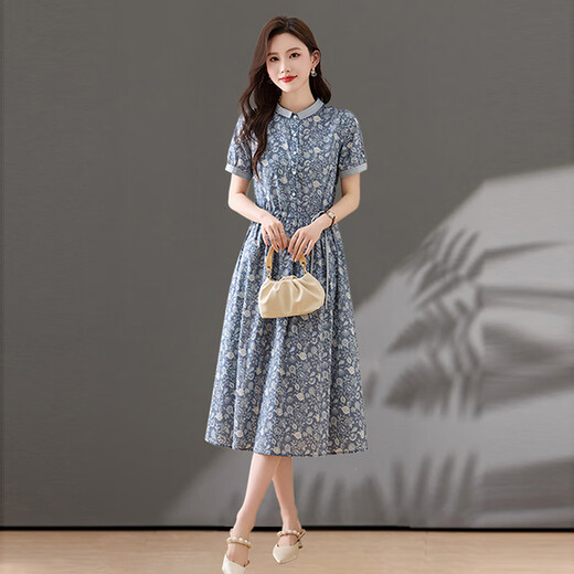 
Ehangy light luxury brand dress for women 2025 summer new short-sleeved floral temperament generous slim and fashionable shirt skirt blue gray XL