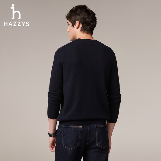 HAZZYS Men's Winter Sweater Same Style as Star Zhang Wanyi Simple Solid Color Cashmere Sweater for Men ABYZD0BDD22 Dark Navy Blue DN L (175/96A 48)