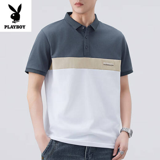 花花公子（PLAYBOY）2025夏季冰丝棉短袖T恤男装翻领拼接百搭POLO衫休闲时尚潮流体恤 826白色 XL 130-145斤