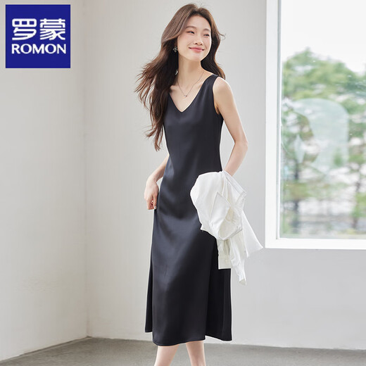 罗蒙（ROMON）高级感真丝吊带连衣裙女夏季醋酸缎面中长裙内搭丝绸无袖气质 Q9934杏色连衣裙 L