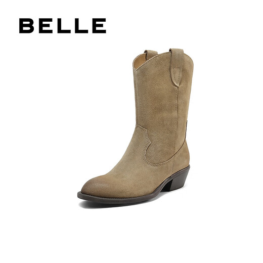 百丽（Belle）张凌赫同款梦幻沙丘西部靴女25新商场款尖头休闲短靴BDU60DZ5预售 浅啡 37