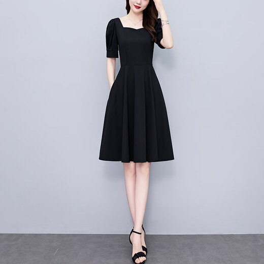 Pier Cardin Black Simple Nouvelle robe pour femmes 2025 Été Nouveau tempérament mère grande taille de taille en milieu de taille jupe tendance 7170 court M