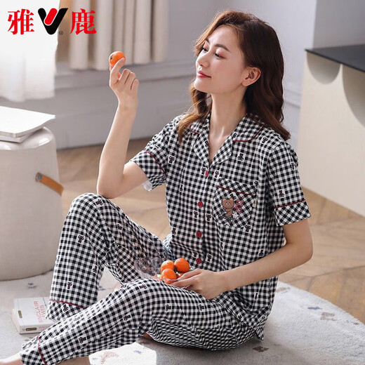 Yalu haut de gamme Plaid d'été pyjamas pyjamas de coton mince pantalon à manches courtes pour femmes Summer Mother Home Clothing Clothing 9923 M -80-95Jin [Jin est égal à 0,5 kg]