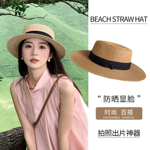 范诗奥2025新款法式平顶草帽女大头围海边沙滩礼帽编织防晒太阳帽子夏季 凹顶黑-升级款软顶【帽檐8CM】 均码可调节