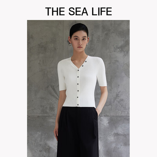 The Sea Life Strick kurzärmelig OU Hai All Life Temperament Kurzärmelige Pullover für Frauen 2025 Herbst V-Neck Schlanker Körper 15868 Schwarzer Magier S