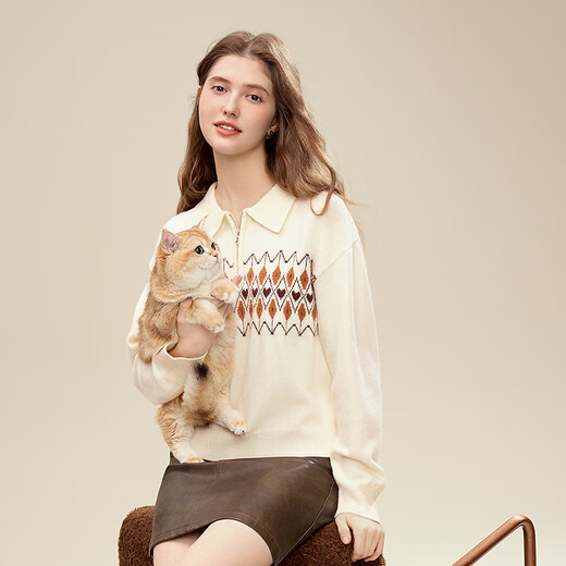 Betu women's 2025 winter new sweater half-zip Fair Isle jacquard design long-sleeved top for women 2510X12 light apricot M