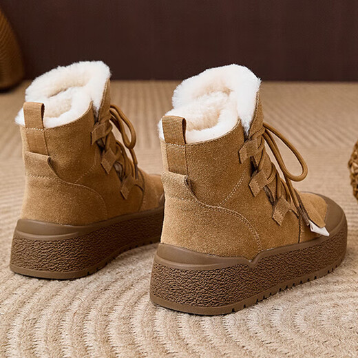 Nosskiss Luxury High-End-Marke Matte Leder Schneestiefel für Frauen 2025 Neue Wolle und Samt warme runde Zehe Casual Stiefel Kamelfarbe [Verdickte Wolle Innenfutter] 37
