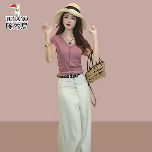 
Woodpecker's new summer women's V-neck T-shirt wide-leg jeans two-piece set white pants M (recommended 100 Jin [Jin equals 0.5 kg])