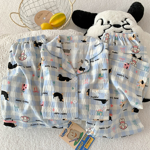 京濮飞蜡笔小新夏季女款薄款棉短袖长裤家居服三件套 云朵棉-9905#黑爱心三件套 M 【建议75-100斤】