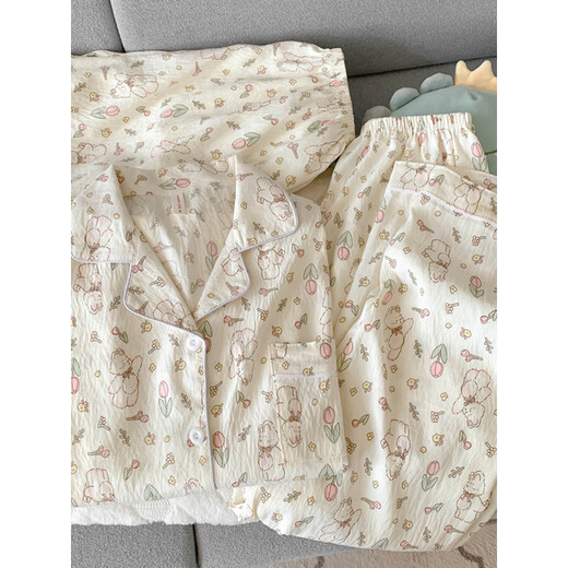 北极绒纯棉纱布睡衣女短袖长裤春夏款三件套可爱小狗少女开衫家居服夏季 云朵棉-J9901#乐园小狗三件套 M 【建议75-100斤】