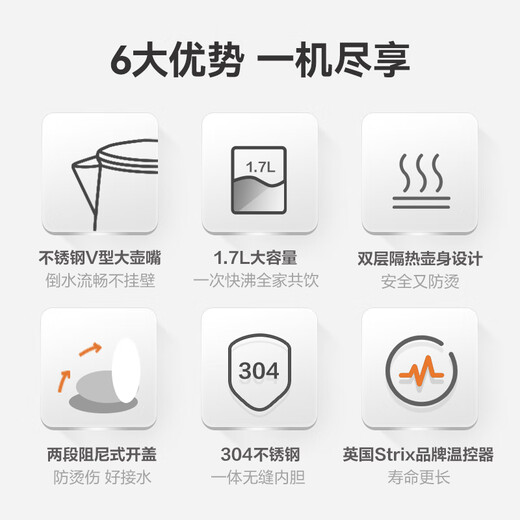 SUPOR electric kettle double-layer anti-scald kettle kettle 1.7L all-steel seamless liner 304 stainless steel electric kettle large capacity SW-17J418