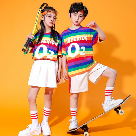 10,000 people collected the Children’s Day Performance Clothes Overalls Set Kindergarten Graduation Photos Elementary School Cheerleaders Rainbow T+White Overalls+Socks 90 90