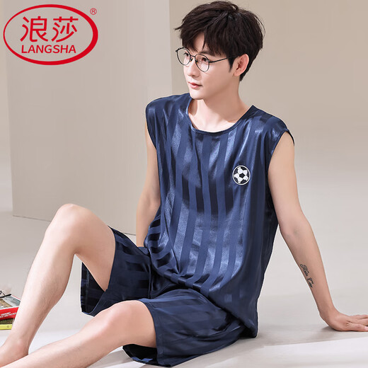 Langsha (Langsha) Leichter Luxus-Pyjama Herren Sommerweste Neue Jugendliche Jugendliche einfache Eissensen-Sommer-Dünnstil besuchen Seidenhauskleidungsset 9902 Ice Seide M (80-100 Jin [Jin gleich 0,5 kg])