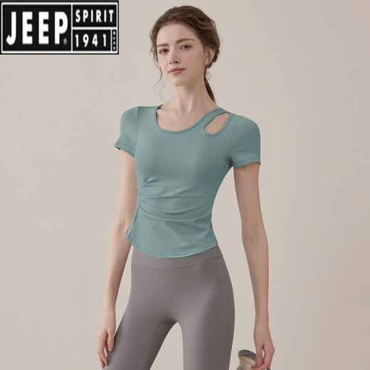 JEEP SPIRIT吉普套装瑜伽服女2025新款短袖修身感运动上衣普拉提训练服健 咖色上衣 【固定胸垫】 XL