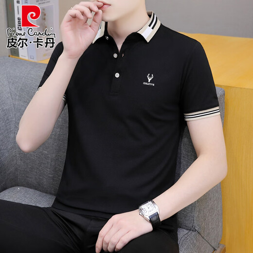 Pierre Cardin Sommer Cool Ice Seide High-End einfaches lässiges Dünngelderbieter-Geschäft atmungsaktives kurzärmeliges T-Shirt Herren-Stickpolo-Hemd schwarz 683 m