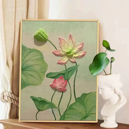 温诗欧风荷花肌理画石英砂手工绘全套材料中式装饰画数字油画 qx12625肌理画送全套材料 30*40cm加厚实木内框