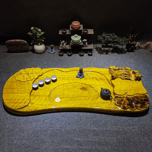 Miaopu Le authentic high-end solid wood root carving golden silk nanmu tea tray whole root carving tea tray golden silk nanmu wood belt drainage T263-3888 yuan