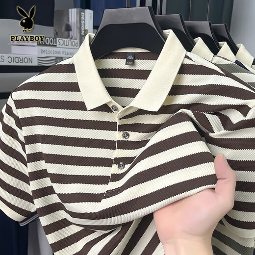 Playboy; PLAYBOY short-sleeved T-shirt for men 2025 new striped lapel casual half-sleeved summer loose thin men's short-sleeved polo shirt L9906 dark blue M 165 recommended 90-120Jin [Jin equals 0.5 kg]