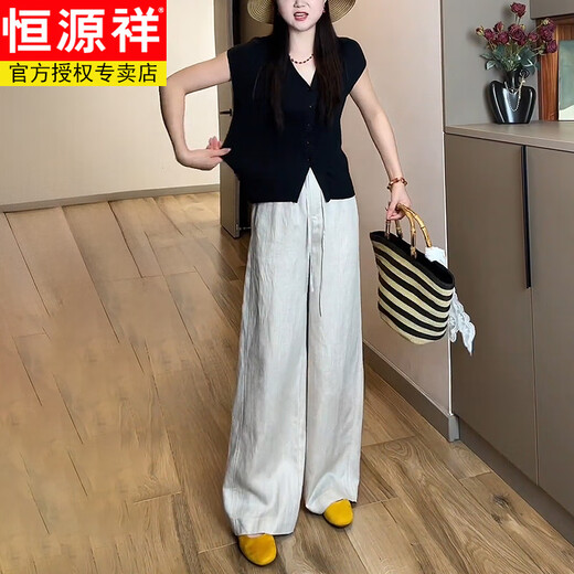Temperamento Hengyuanxiang Spring y Summer High-End Juego para mujeres delgadas en V de las mujeres con cuello en V de manga corta de manga corta Pantalones casuales Pantalones casuales de dos piezas [Sencillo] Pantalones de cáñamo M [Sugerir 80-100Jin [Jin equivale a 0.5 kg]]