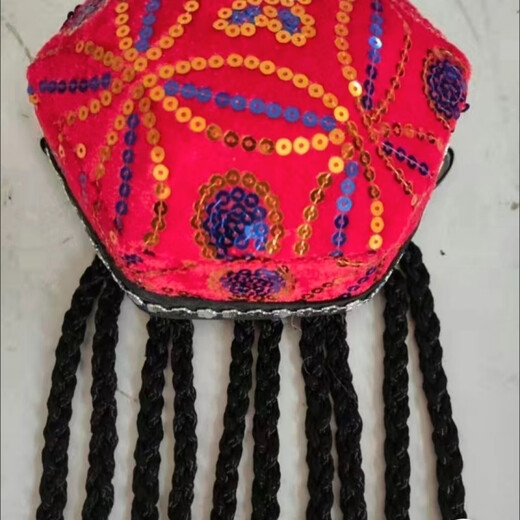 Gisailun Xinjiang hexagonal hat dance Uyghur national braid Uygur children hexagonal performance headdress hat adult red hat plus 12 pieces