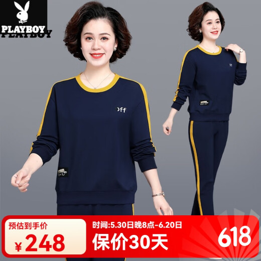 Jeu de sports d'âge moyen Playboy dames en deux pièces Set printemps et automne Coton Round Coul à manches longues Loose Fitness Voyage de grande taille SYNS6636-PRINCE BLUE [Ensemble en deux pièces] 4xl (recommandé 140-150jin [Jin est égal à 0,5 kg]))
