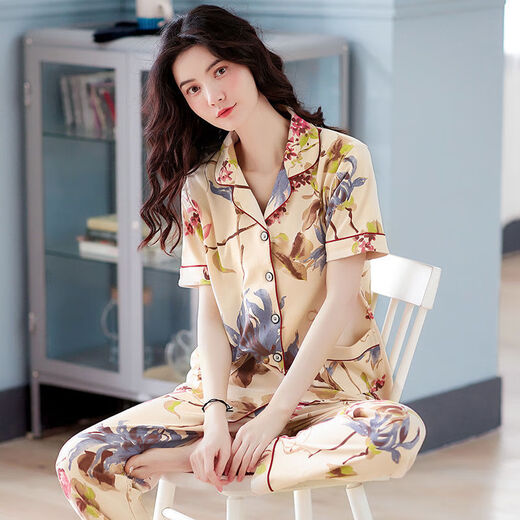 Pyjamas d'âge moyen de beauté urbaine pour femmes en été pure coton pantalon à manches courtes cardigan mère florale style mère lâche d'âge moyen et de maison âgée Q9922 # m (recommandé 80-105jin [Jin est égal à 0,5 kg] à porter)