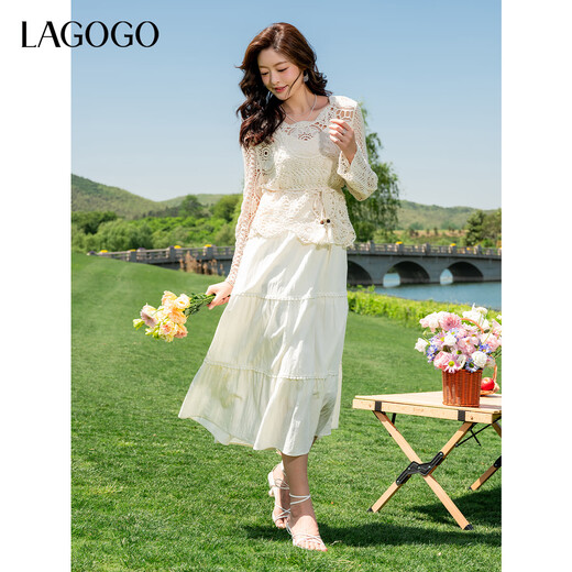 lagogo拉谷谷2025年新款波西米亚风两件套连衣裙女OALL834WG6 米色 S