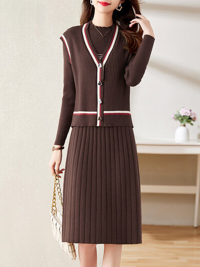TJQ ​​Luxury High-End-Marke Strickkleid für Frauen 2025 Herbst Neue Mode Casual Slimming und altersreduzierende Moderock Kaffee m