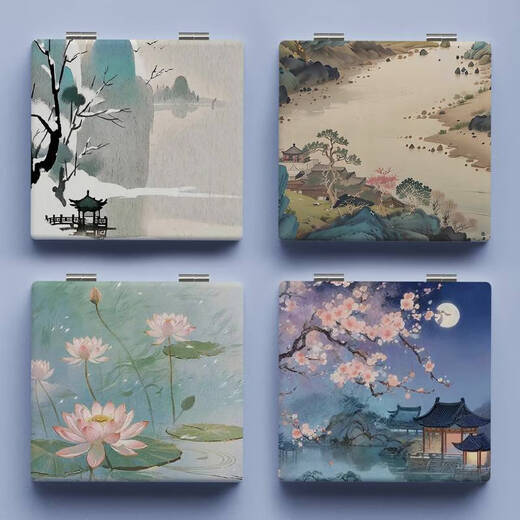 咏幻古风美景化妆镜学生宿舍可折叠小镜子便携式手持迷你双面梳妆镜女 L1391花好月圆