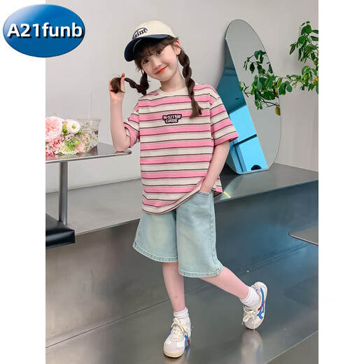 A 21 FUNB女童夏装短袖T恤夏款2025新款女大童条纹半袖儿童夏季上衣薄 DY11980红色 110 cm