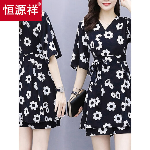 Hengyuanxiang Einzelstück/Anzug Sommer modische Kleidershorts Anzug Frauen Slim Casual Chiffon Shorts Zweiteiler griechischer Blumenstil [Rock + Hosen] m