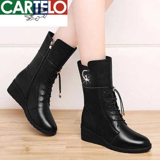 CARTELO crocodile (CARTELO) wedge boots women's mid-calf boots soft leather women's shoes fashion short boots 2025 Martin boots autumn and winter mother's cotton boots brown plus velvet 38