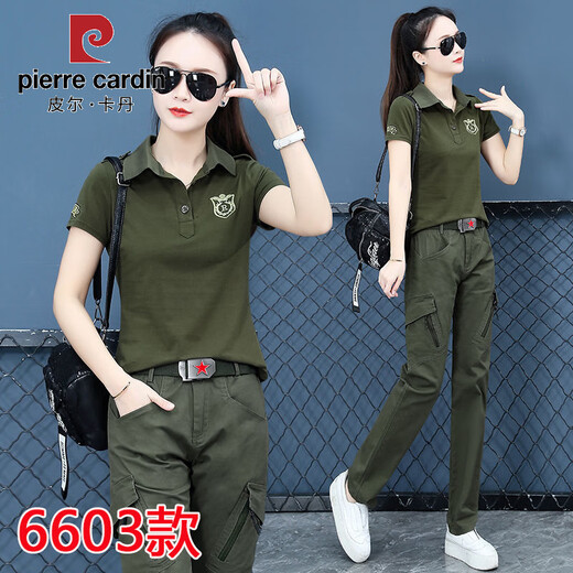 皮尔卡丹夏季迷彩服韩版休闲套装女短袖时尚大码显瘦薄款宽松运动广场舞服 条纹套装6601短袖+9230直筒裤 S 建议80-90斤