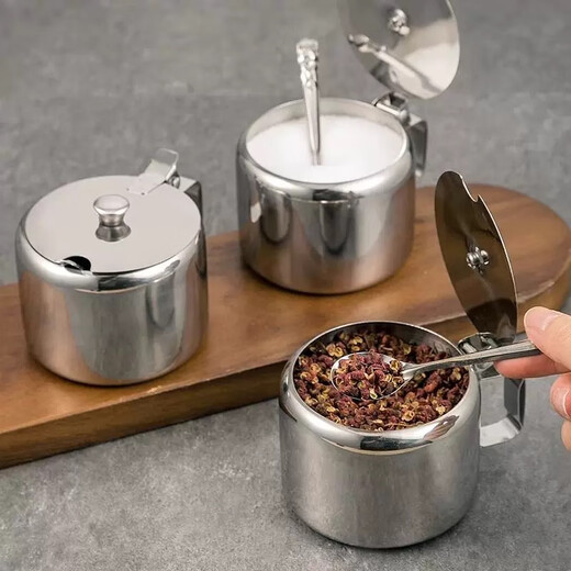 Stainless steel flip lid with handle chili jar seasoning jar household seasoning box with spoon MSG jar salt shaker with lid large 9.5cm chili jar 1 pack