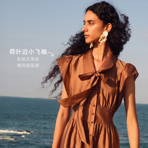 歌莉娅天丝连衣裙女夏季贵气穿搭2025新款独特飞袖裙子1E5C4K680 91Y啡色 XXS
