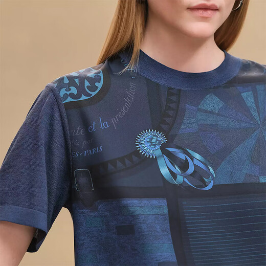 爱马仕（HERMES）女装Twillaine毛衣Coloriages de Jour印花丝绸短袖套头衫25新款 深蓝色 34