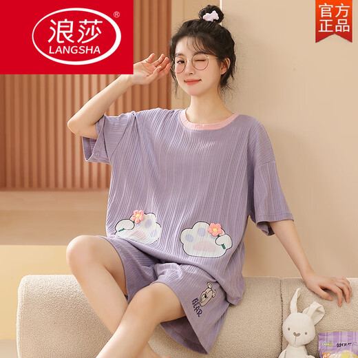 浪莎（LangSha）睡衣女士夏季纯棉可爱韩版短袖短裤薄款两件套装大码春秋天家居服 短-袖短-裤-AA5009 M 女【80-100斤】