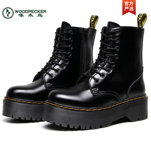 Woodpecker Estilo británico Botas de martin negras de suela gruesa para mujeres 2025 Nuevas parejas de primavera y otoño de cuero de ocho hoyos Botas cortas Black 38