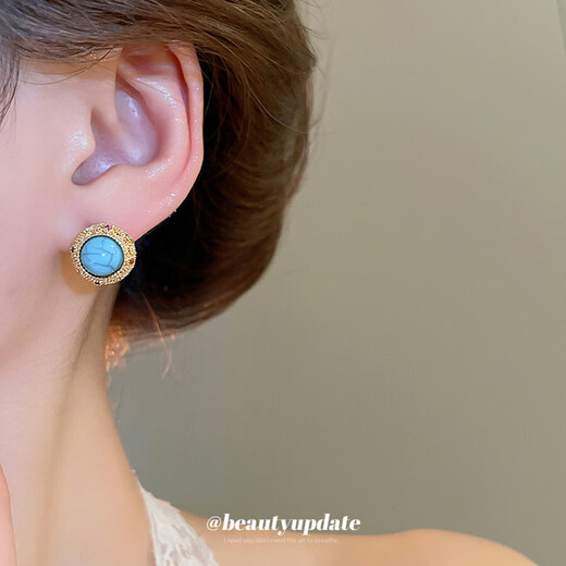 18k real gold electroplated silver needle zircon turquoise earrings simple and exquisite earrings light luxury high-end fashion earrings silver needle-gold-blue (18k real gold electroplating)