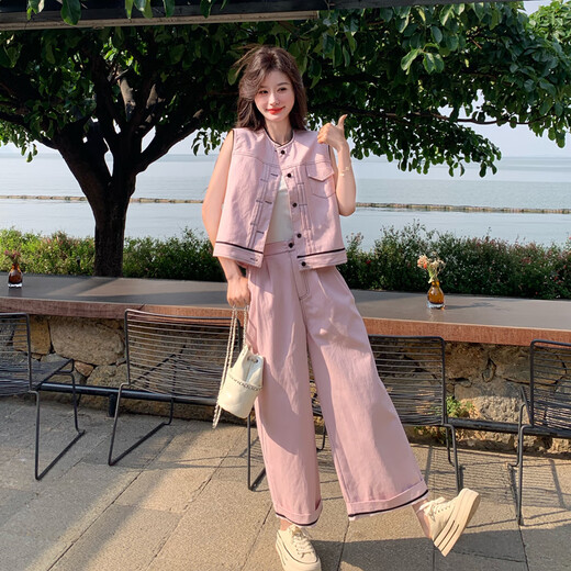 La Chapelle Corée du design de mode de style touchant des vêtements de travail pour les femmes 2025 Summer New Style One Set complet de pantalons larges de pantalons larges en deux pièces de White L 120-130Jin [Jin est égal à 0,5 kg]