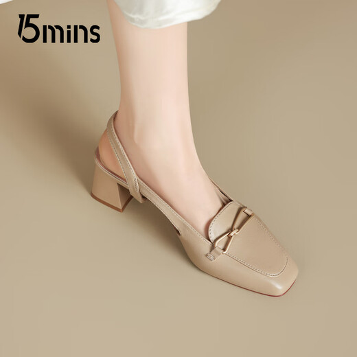 
15MINS sandals women's new summer elegant high heels one-button bag-toe single shoes D1302AQ5 apricot color 37