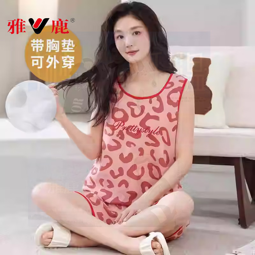 Yalu full-length pajamas with chest pad for women 2025 summer cotton vest shorts for women young striped large size home clothing suit chest pad for women - F9855 M women--