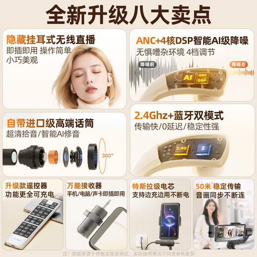 Hanmei wireless sound card live broadcast earphones, outdoor anchor, internet celebrity, all-in-one earphones, mobile phone, computer headset, built-in microphone and microphone, two-in-one karaoke singing special equipment, complete set of skin color, ear-mounted wireless sound card headphones