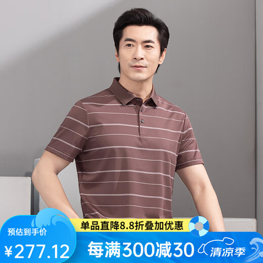 红都夏季新款男士短袖T恤商务休闲翻领簿款条纹微弹中年半袖t恤衫 咖色TA9226-2 2XL (185/100A)