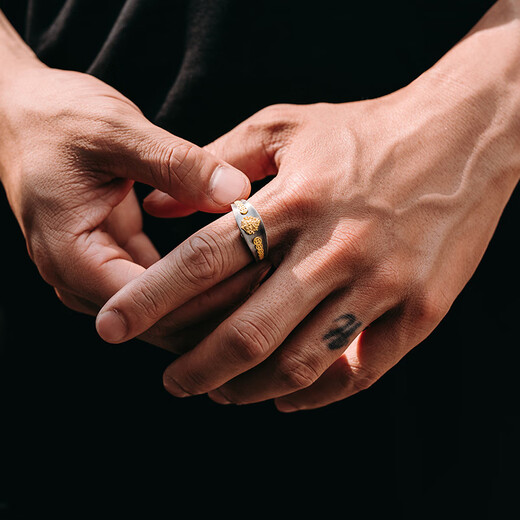 Mingyang Decoration Sea 925 sterling silver 3D yellow God of Wealth ring men's high-end retro original design national trend index finger ring US size 11# (suitable for Hong Kong sizes 25-26)