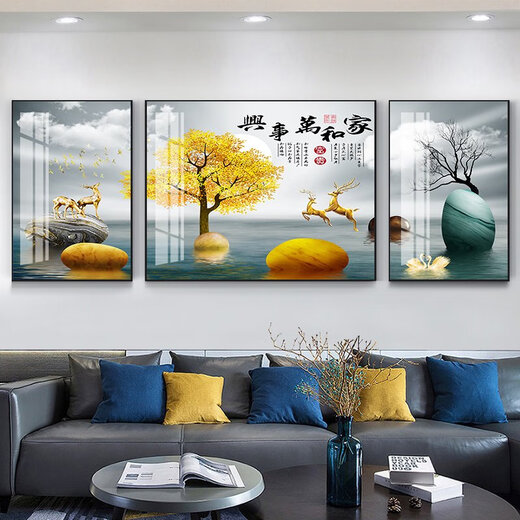 BEYZK客厅装饰画沙发背景墙挂画现代中式晶瓷三联壁画餐厅轻奢画背景画 SL-9901福鹿平安 左右35X50+中间70x50建议2米左