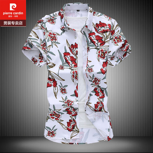 皮尔卡丹（pierre cardin）新款潮流印花男装2025夏季短袖花衬衫男加肥大码衬衣男装青年碎花 7027 M